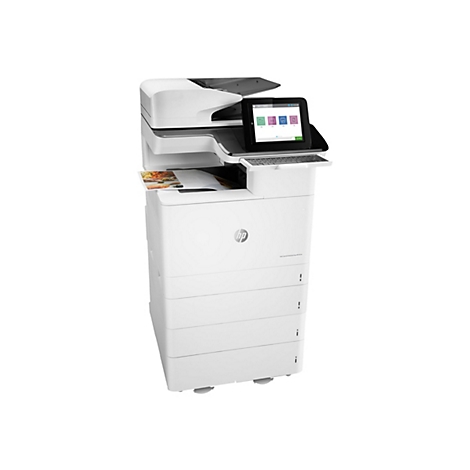 Weißer Multifunktionsdrucker von HP mit Touchscreen, Tastatur und geöffnetem Fach mit Ausdruck. Auf dem Bildschirm sind Symbole für verschiedene Funktionen sichtbar.