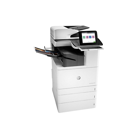 Weißer HP-Multifunktionsdrucker mit Touchscreen-Bedienfeld, einem gedruckten Dokument und einer ausziehbaren Tastatur.