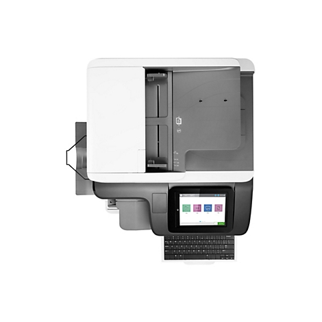 Draufsicht auf einen weißen und grauen Multifunktionsdrucker. Ein Touchscreen-Display mit einer kleinen Tastatur ist angebracht.