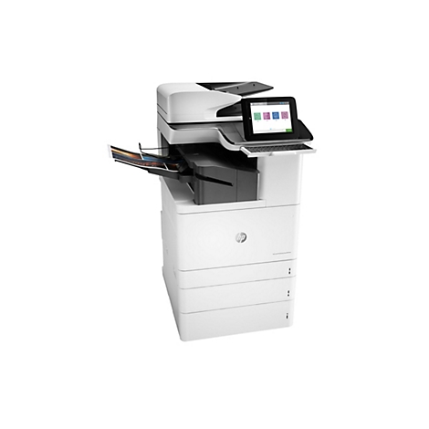 Weißer Multifunktionsdrucker mit Touchscreen, Tastatur und bedrucktem Papier. Ein HP Logo ist zu sehen.