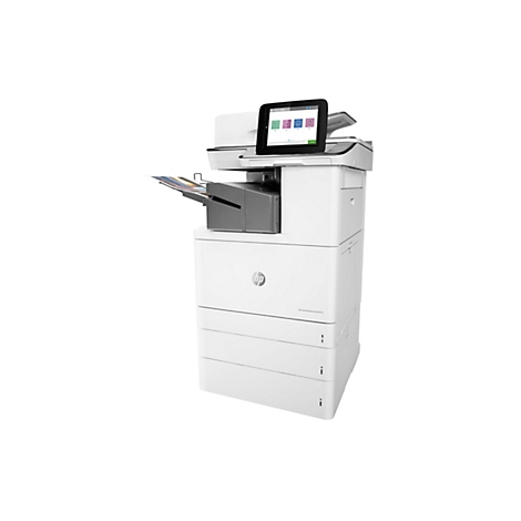 Weißer HP-Multifunktionsdrucker. Touchscreen mit Icons. Ausgabefach mit Farbkopien.