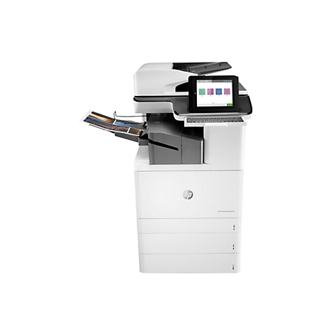 Weißer HP-Multifunktionsdrucker mit Touchscreen und ausgedrucktem Papier. Die Funktionen sind: Kopieren, Scannen, Drucken und Faxen.