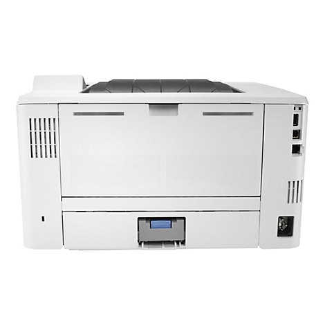 Rückansicht eines weißen Laserdruckers. Der Drucker hat Lüftungsschlitze und Anschlüsse. Die Papierzufuhr ist teilweise geöffnet.