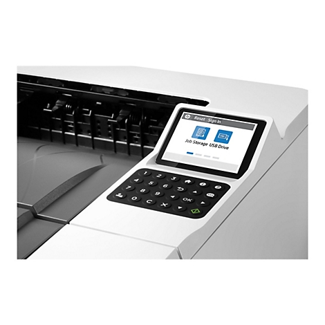 Naheinstellung eines weißen HP-Druckers. Auf dem Touchscreen werden Optionen wie 'Job Storage' und 'USB Drive' angezeigt. Unten ist eine numerische Tastatur.