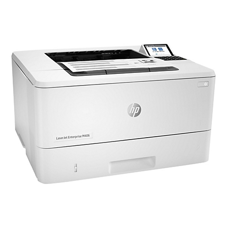 Ein weißer HP Laserjet Enterprise M406 Drucker. Oben liegt ein bedrucktes Blatt, rechts ein Bedienfeld.