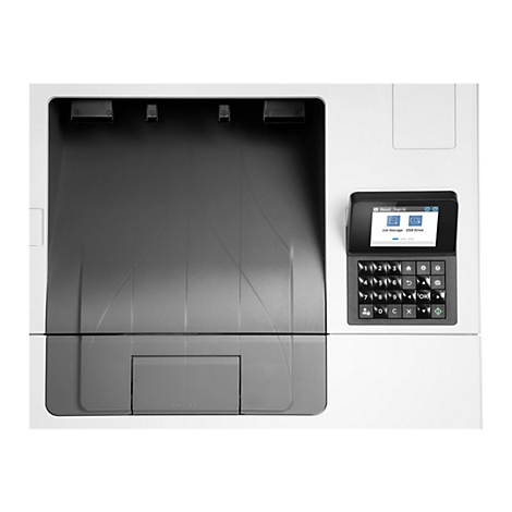 Nahaufnahme eines schwarzen Druckers, Fokus auf Bedienfeld mit Tasten und Display. Auf dem Display sind Optionen wie "Job Storage" und "USB Drive" sichtbar.
