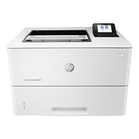 Ein weißer Laserdrucker HP LaserJet Enterprise M507. Auf der Oberseite befindet sich ein Bedienfeld mit Display und Knöpfen, und ein Blatt Papier liegt im Fach.