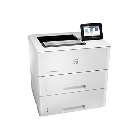 Weißer HP Laserjet Enterprise M507 Drucker mit Touchscreen. Ein Blatt Papier liegt im Ausgabefach.