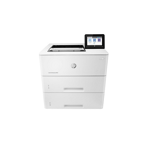 Weißer HP Laserdrucker mit Touchscreen und zwei Papierfächern. Auf dem Bildschirm sind Optionen zum Drucken von einem USB-Laufwerk oder Job-Speicher zu sehen.
