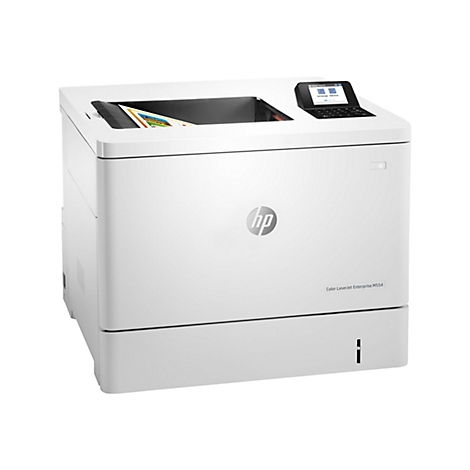Ein weißer Drucker mit Bedienfeld, dem HP-Logo und gedruckten Blättern im Ausgabefach.