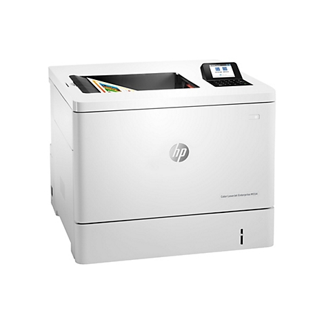 Ein weißer HP Color LaserJet Enterprise M554 Drucker. Auf dem Drucker liegt ein farbig bedrucktes Blatt. Auf dem Display sind Optionen wie "Job Storage" und "USB Drive" zu sehen.