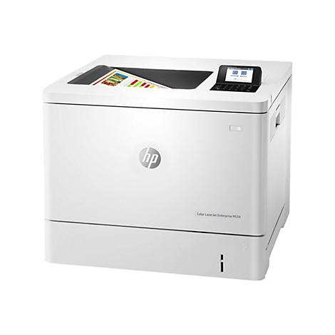 Weißer HP Color LaserJet Enterprise M554 Drucker, Papier wird im Deckel gedruckt, Steuerfeld.