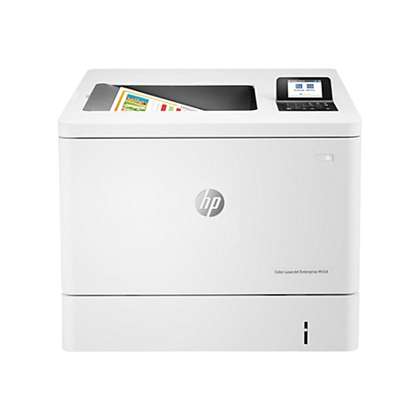 Weißer HP Color LaserJet Enterprise M554 Drucker, bedrucktes Papier im Fach.