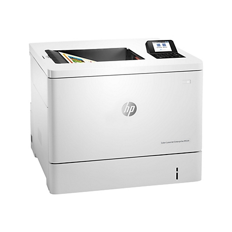 Weißer HP Color LaserJet Enterprise M554 Drucker. Auf dem Bedienfeld wird ein Menü angezeigt. Ausgabepapier liegt im Fach.