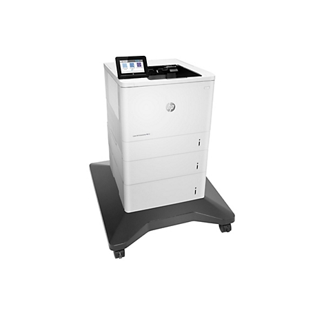 Weißer Drucker mit Touchscreen, HP Logo, auf Rollfuß. Schwarzes Bedienfeld, daneben drei Ausrufezeichen.