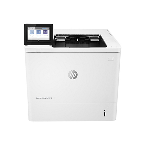 Weißer HP-Laserdrucker mit Bedienfeld, darauf Optionen wie "Print from Job Storage" oder "Print from USB Drive". Auf dem Drucker steht "LaserJet Enterprise M612".