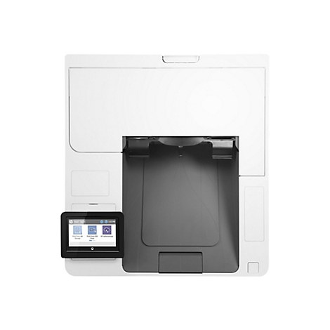 Draufsicht auf einen weißen Drucker. Ein schwarzes Touchscreen-Display zeigt Optionen an. Unten ein Papierausgabefach.