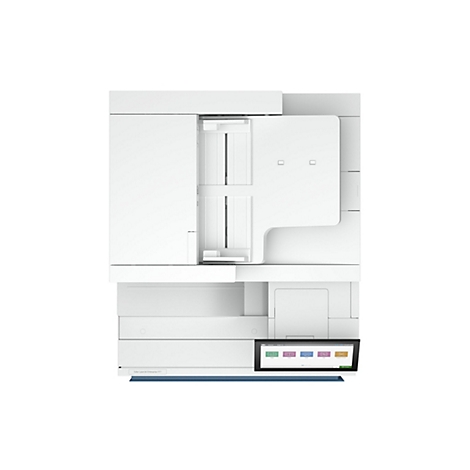 Draufsicht auf einen weißen Drucker mit einem Touchscreen-Display. Es ist ein Modell Color LaserJet Enterprise MFP.