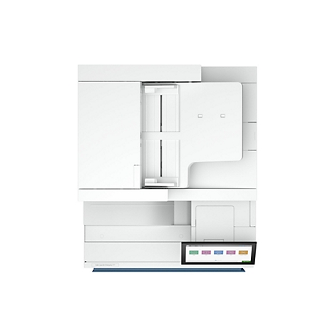Weißer Drucker mit Touchscreen-Display. Der Drucker hat eine rechteckige Form und verschiedene Ablagefächer und Aussparungen.