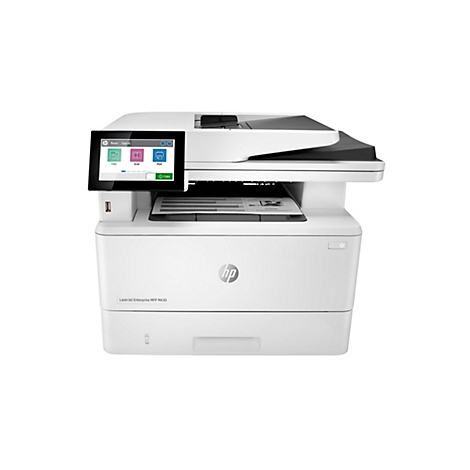 Weißer HP-Multifunktionsdrucker, mit Touchscreen, Dokument in der Ausgabeschale. Der Bildschirm zeigt die Optionen Kopieren, Scannen und Drucken an.