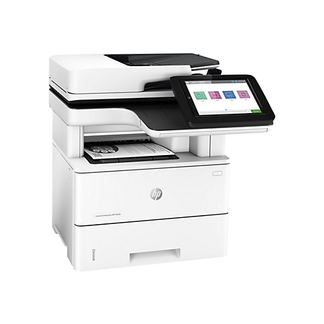 Ein weißer HP Laserdrucker, von vorne gesehen. Auf dem Touchscreen werden Optionen zum Kopieren, Scannen, Drucken und Faxen angezeigt.