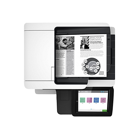 Ein schwarzer HP-Multifunktionsdrucker mit einem Farbbildschirm, auf dem Optionen wie Kopieren, Scannen, Drucken und Faxen angezeigt werden, bedruckt ein Werbedokument. Im Werbedokument werden Datensicherheitsherausforderungen und Vorteile von BYOD-Pro...