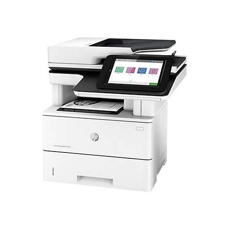 Weißer HP-Multifunktionsdrucker mit Touchscreen, auf dem verschiedene Funktionen angezeigt werden. Unten steht LaserJet Enterprise MFP M528.