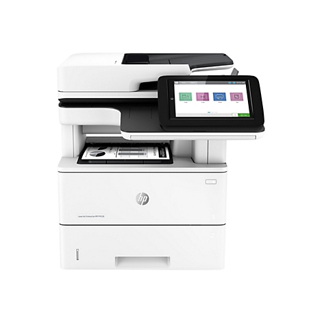 Weißer HP LaserJet Enterprise MFP M528 Drucker. Auf dem Touchscreen-Display sind Optionen zum Kopieren, Scannen, Drucken und Faxen zu sehen. Ein Blatt mit Diagrammen liegt im Fach.