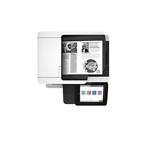 Ein weißer Drucker mit einem Bildschirm, auf dem verschiedene Optionen angezeigt werden, mit gedrucktem Text auf der rechten Seite und dem Text 'BRING YOUR OWN DEVICE'.