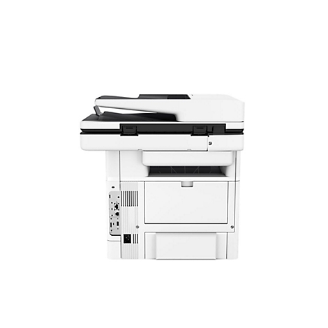 Ein weißer Drucker, auf weißem Hintergrund, von vorne fotografiert. Mit schwarzem Deckel und Bedienelementen, Schublade und Anschlüssen.