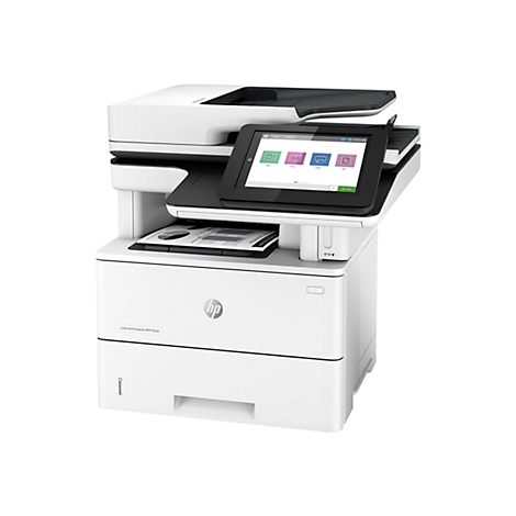 Ein weißer HP Laserjet Enterprise MFP M528 Drucker mit Touchscreen, der Funktionen wie Kopieren, Scannen, Drucken und Faxen anbietet. Auf dem Bildschirm wird die Uhrzeit 10:53 AM angezeigt.