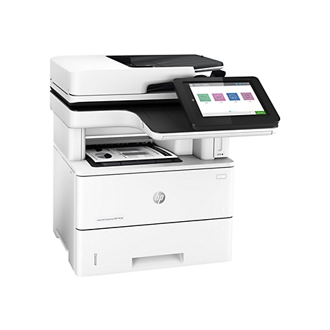 Weißer HP-Multifunktionsdrucker mit Touchscreen, der Kopie, Scan, Druck und Faxfunktionen anzeigt. Ein Blatt Papier wird bedruckt.