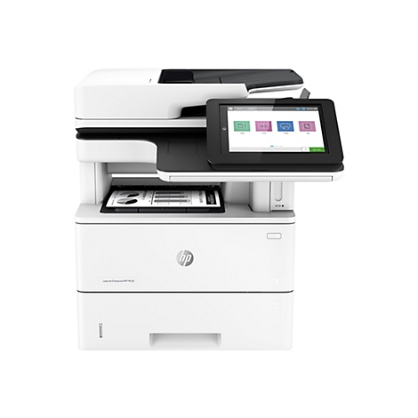 Ein weißer HP-Multifunktionsdrucker auf weißem Hintergrund. Das Bedienfeld zeigt Optionen wie Kopieren, Scannen, Drucken und Faxen.