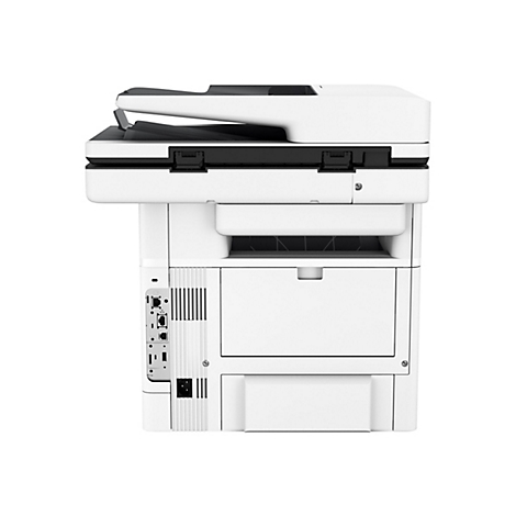 Weißer Multifunktionsdrucker, Ansicht von vorne und leicht von oben. Schwarze Details.