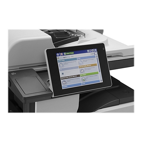 Nahaufnahme eines HP-Druckers mit Touchscreen. Der Bildschirm zeigt verschiedene Funktionen an, wie z.B. Kopieren, Faxen und Speichern.