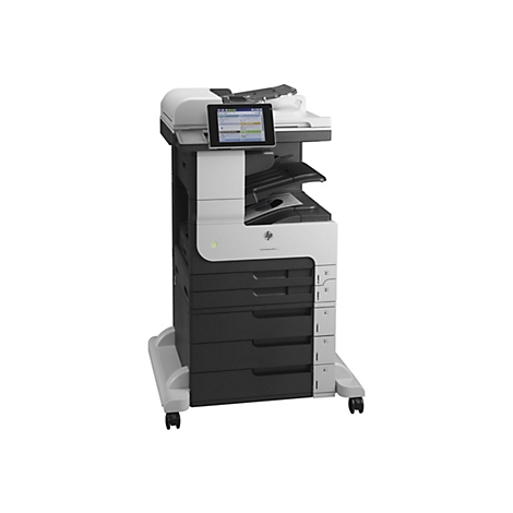 Ein großer, grauer und schwarzer HP-Multifunktionsdrucker vor weißem Hintergrund. Der Drucker hat einen Touchscreen, mehrere Papierfächer und Rollen.