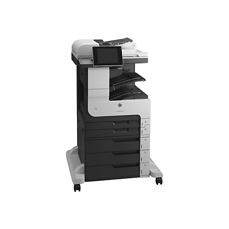 Ein großer, professioneller Schwarzweiß-Laserdrucker. Er ist schwarz und weiß, mit einem Touchscreen, mehreren Papierschubladen und Rädern.