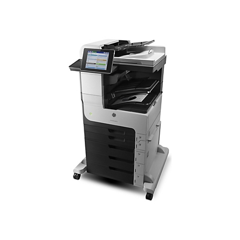 Ein großer, grauer und schwarzer HP-Multifunktionsdrucker. Das Gerät hat einen Touchscreen-Bildschirm und mehrere Papierfächer. Auf dem Bildschirm werden Optionen angezeigt.