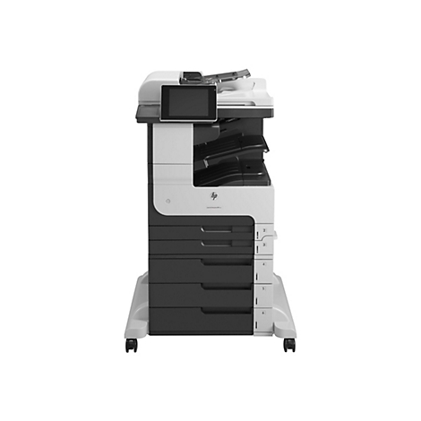 Ein großer, professioneller HP-Multifunktionsdrucker. Das Gerät ist überwiegend weiß und schwarz, mit einem Touchscreen-Display, Papierzuführungen und Schubladen.