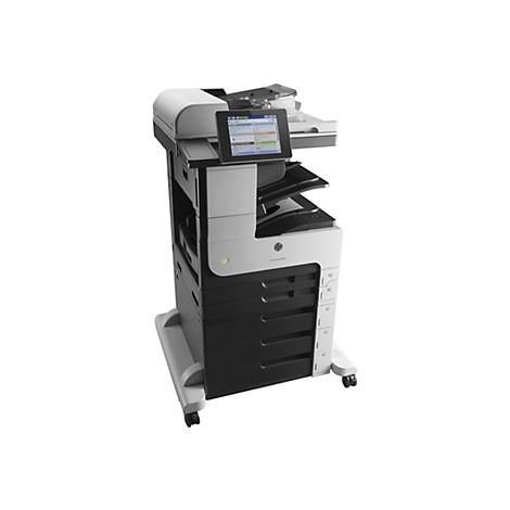 Ein großer, professioneller Schwarzweiß-Drucker mit Touchscreen, Papierfächern und HP-Logo, vor weißem Hintergrund.