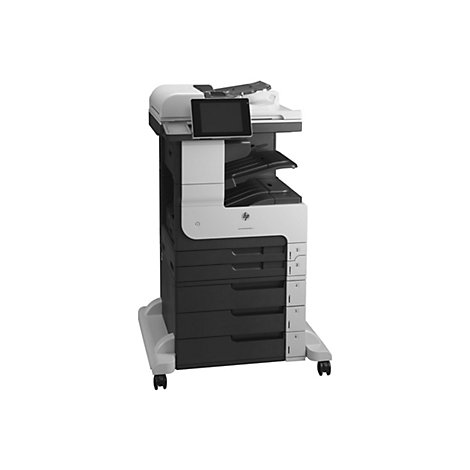 Ein großer, professioneller Schwarzweiß-Drucker mit Touchscreen, Papierfächern und Rollen. Auf dem Gerät ist das HP-Logo zu sehen.
