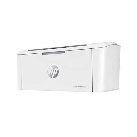 Weißer HP Laserjet M110w Drucker, Logo mittig, graue Blende oben.
