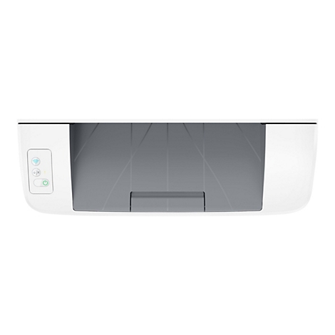 Draufsicht auf einen weißen Drucker mit grauen Elementen. Auf der linken Seite befinden sich Symbole für WLAN, Pfeile und einen grünen Ein-/Aus-Schalter.