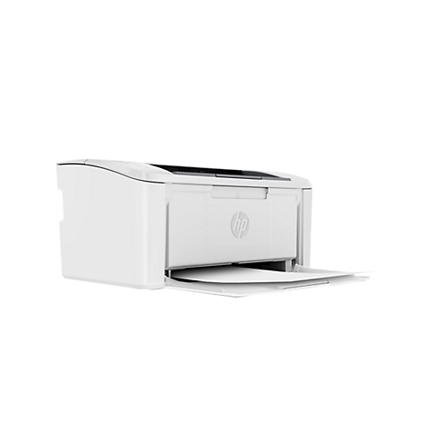Ein weißer HP-Laserdrucker auf weißem Hintergrund. Papierschublade ist geöffnet, das HP-Logo ist sichtbar.