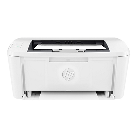 Weißer HP-Drucker mit einem Papierausgabefach unten, ein Blatt Papier liegt in der Mitte.