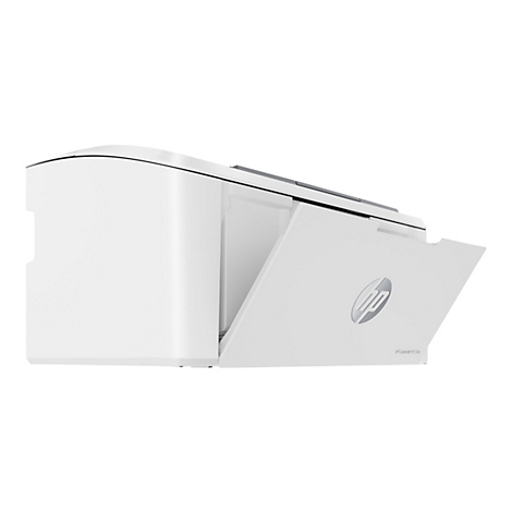 Weißer Drucker mit offenem Papierausgabefach. Das HP-Logo ist deutlich sichtbar.