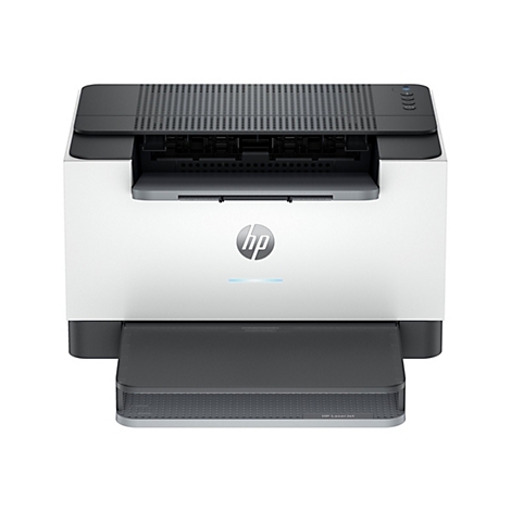 Frontalansicht eines weißen und schwarzen HP-Laserdruckers. Unten befindet sich ein Papierausgabefach. Das HP-Logo ist sichtbar.