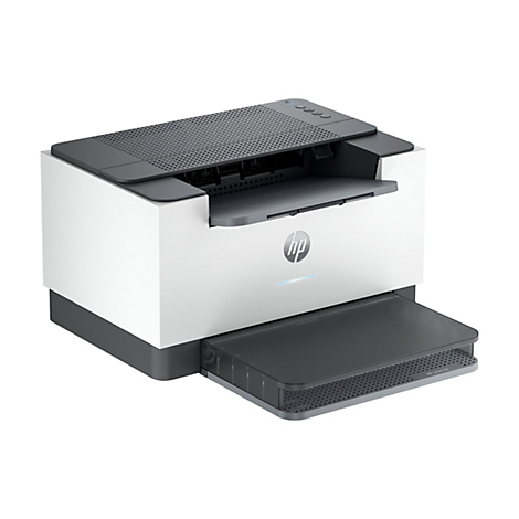 Weiß-grauer HP-Laserdrucker mit schwarzem Deckel und Papierauszug. Das HP-Logo ist deutlich sichtbar.