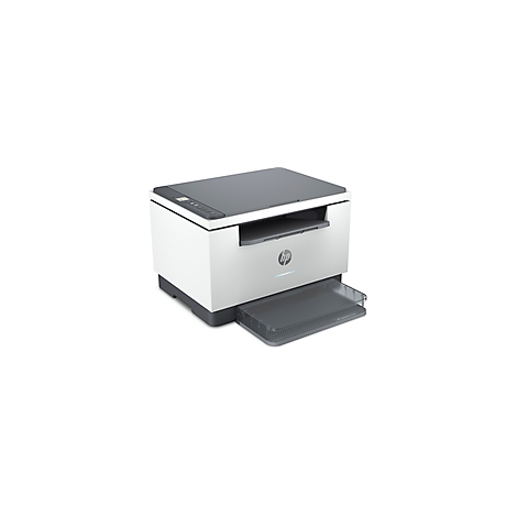 Une imprimante HP grise et blanche. Le bac à papier est sorti.