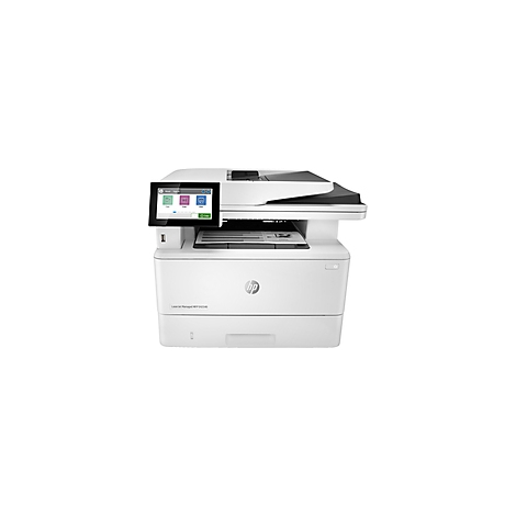 Weißer HP-Multifunktionsdrucker mit Touchscreen, Papierausdruck und HP-Logo.